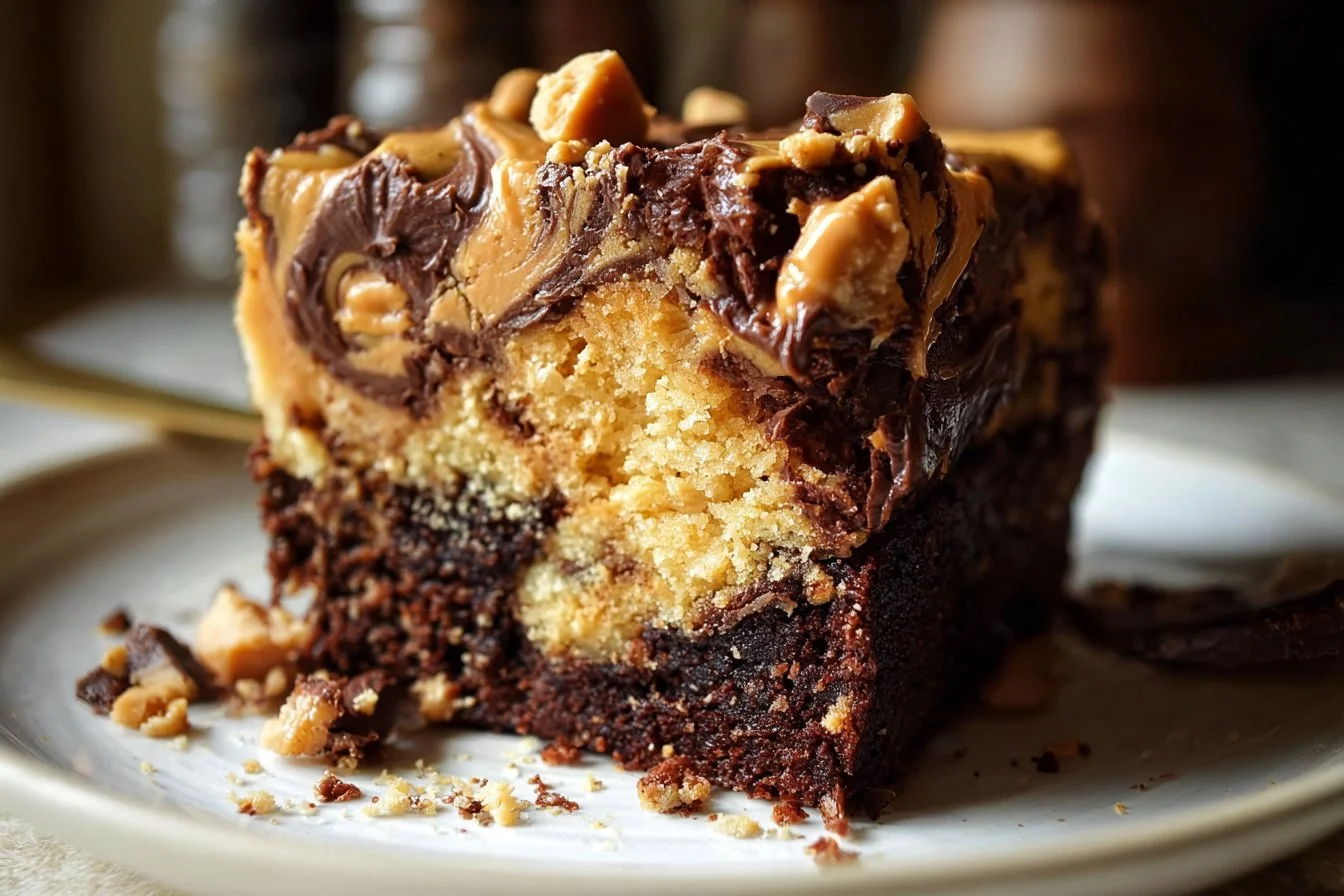 Delicious slice of Reese’s Peanut Butter Earthquake Cake topped with chocolate and peanut butter