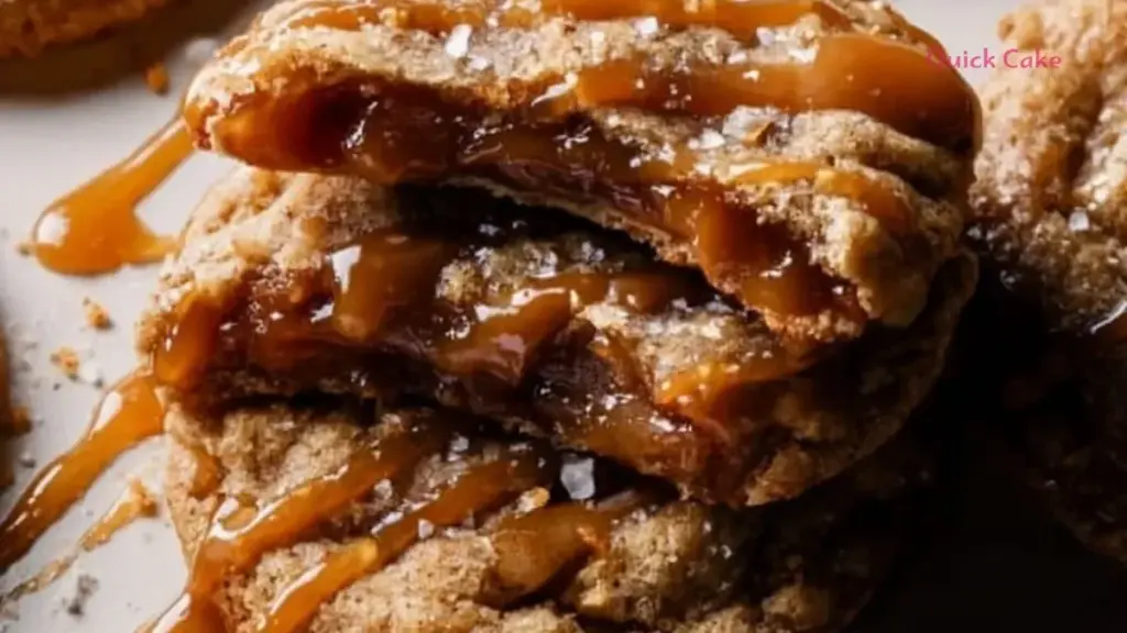 Salted caramel apple pie cookies with apple slices and caramel drizzle