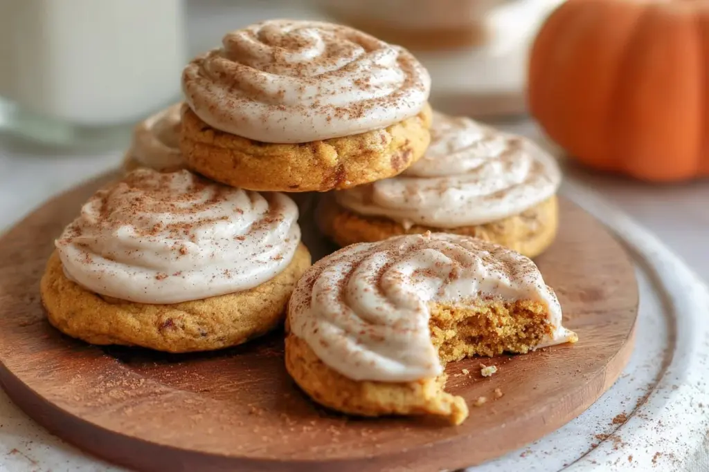 Soft pumpkin cookies with cinnamon frosting on a plate
