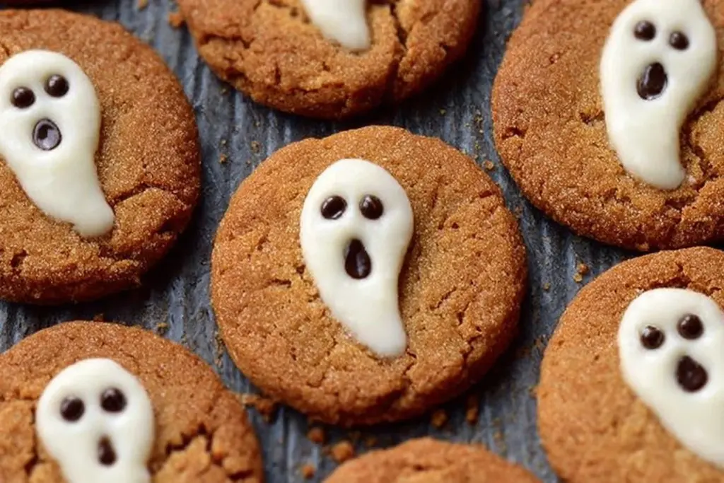 Spooky ghost brown butter pumpkin cookies on a Halloween-themed table