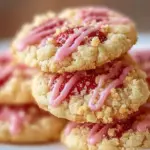 Easy Strawberry Crunch Cookies Recipe Strawberry Crunch Cookies Close-up of freshly baked strawberry crunch cookies topped with pink strawberry drizzle and crunchy crumb topping, stacked on a wooden surface.