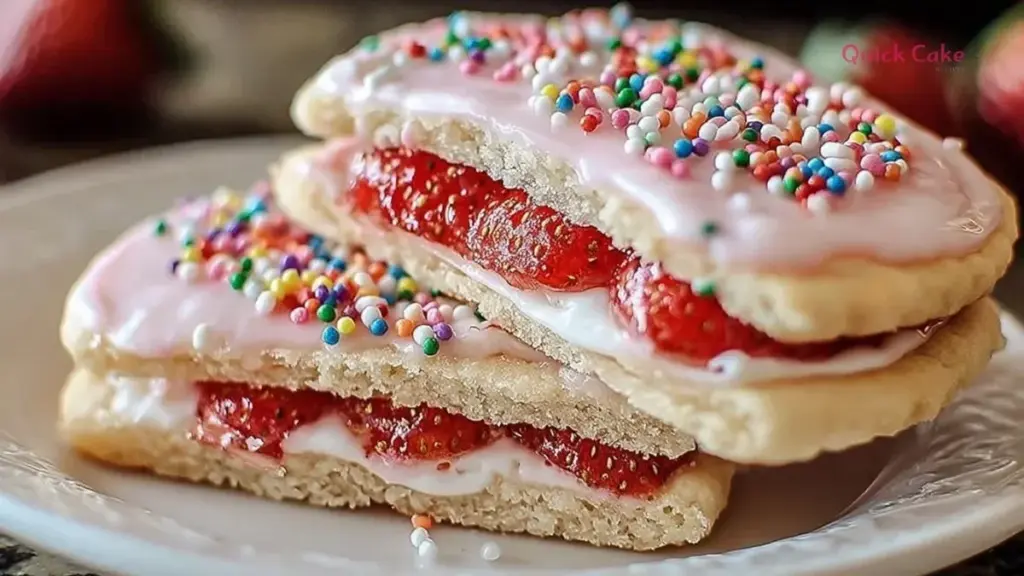 Strawberry pop tart sugar cookies with icing and sprinkles on a plate