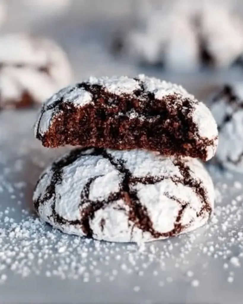 Delicious chocolate crinkle cookies on a baking tray, dusted with powdered sugar.
