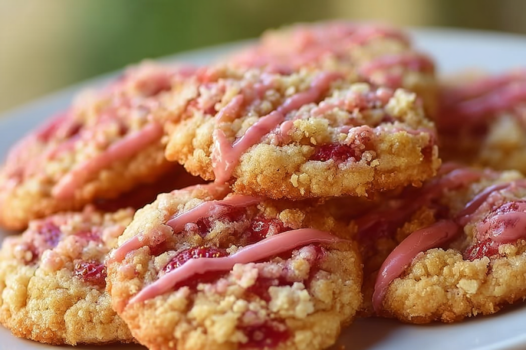 Freshly baked Strawberry Crunch Cookies with crunchy topping and strawberry flavor