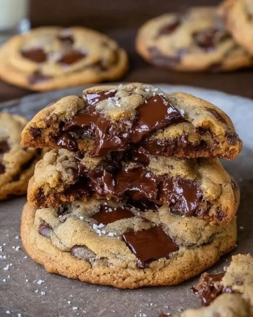 Ultra thick bakery style chocolate chip cookies with chocolate chips on a plate.
