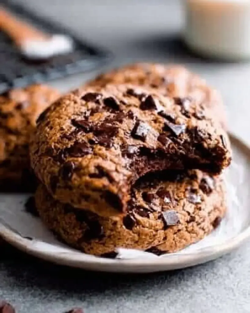Vegan Double Chocolate Chip Cookies on a cooling rack, rich and delicious