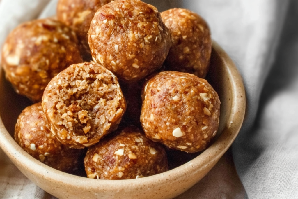 Homemade Pumpkin Protein Balls stacked on a plate
