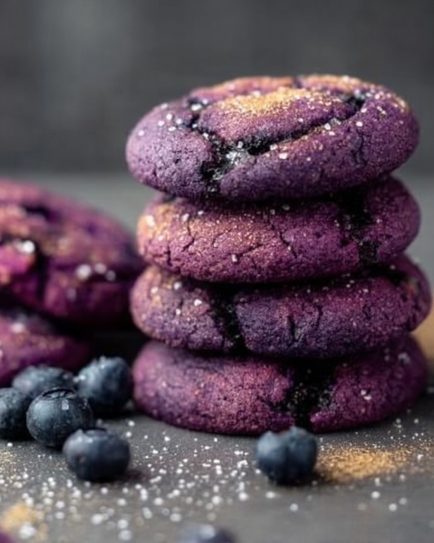 Blueberry Heaven Cookies: Soft, vibrant purple cookies bursting with blueberry flavor, lightly sprinkled with sugar and a hint of gold, stacked with fresh blueberries for a bold and beautiful treat.​