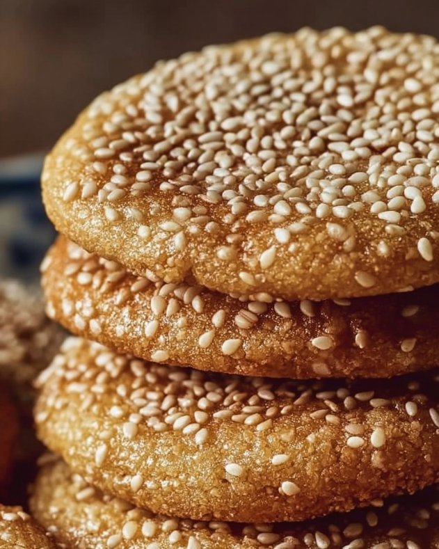 Stack of chewy cookies coated in a generous layer of white sesame seeds, highlighting their golden, crisp edges and nutty texture.​