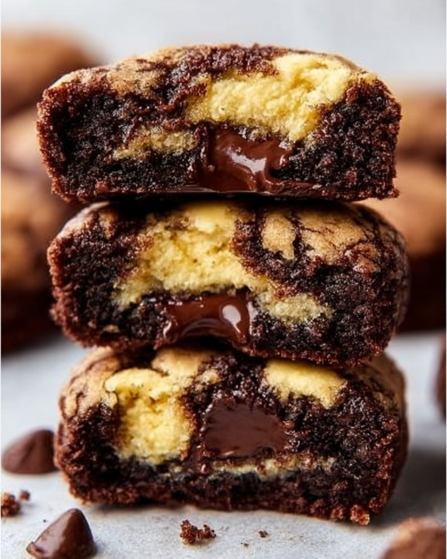 Choco Cheesecake Cookie Bites: Soft, marbled chocolate and cheesecake cookies with gooey chocolate centers, stacked to show their tender crumb and molten middle for a truly indulgent treat.​