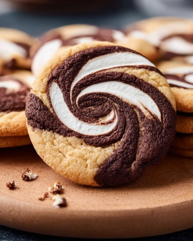 Chocolate and vanilla swirl cookies with a striking spiral pattern, featuring rich chocolate and fluffy marshmallow flavors beautifully marbled together, shown on a wooden platter for an eye-catching treat.​