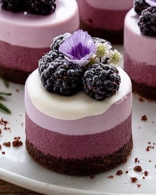 Mini no-bake blackberry mousse cakes featuring two-tone purple mousse layers on a chocolate cookie crust, topped with glossy blackberries and edible flowers for a striking presentation.​