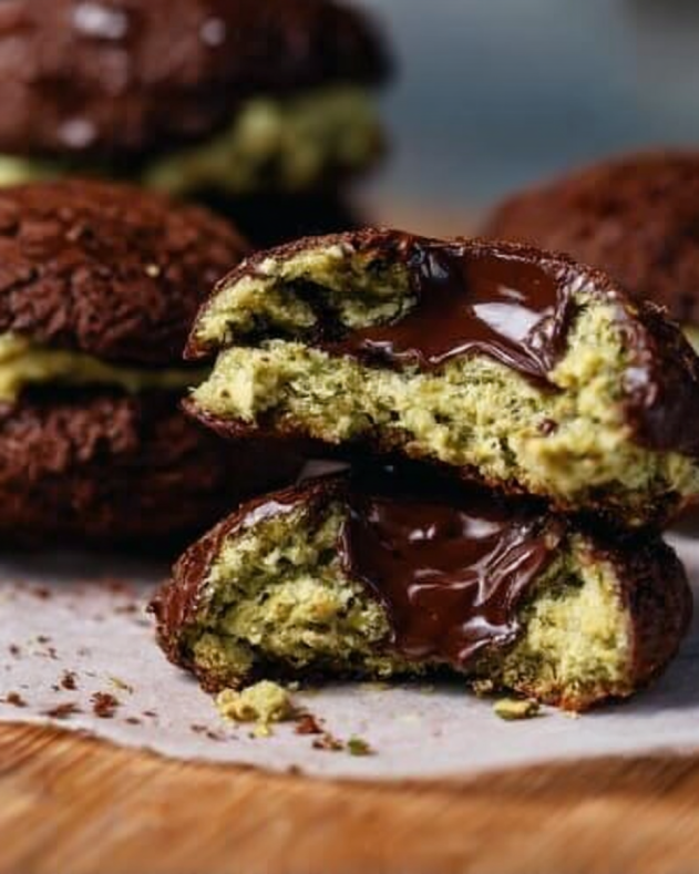 Pistachio Kunafa Chocolate Cookies: Soft pistachio-infused cookies filled with gooey melted chocolate, featuring kunafa (kataifi) for a unique texture, shown with the centers split to reveal a rich, decadent chocolate core.​