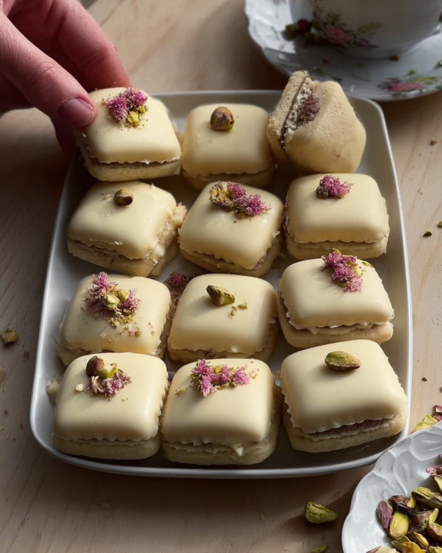 Pistachio Sandwich Cookies: Elegant, square sandwich cookies with a creamy white chocolate coating, each topped with pistachios or rose petals, ideal for tea time or special occasions.​

