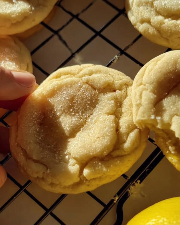 Soft and chewy lemon cookies with a crackled top, coated in sparkling sugar, shown on a cooling rack in warm sunlight for a fresh, homemade look.​