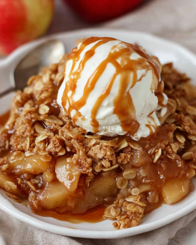 Delicious homemade Apple Crisp topped with oats and cinnamon.