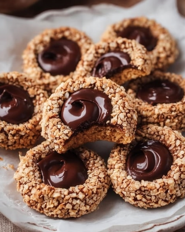 Buttery thumbprint cookies rolled in chopped nuts, filled with glossy chocolate ganache centers, with one cookie showing a soft bite for a rich, indulgent look.​
