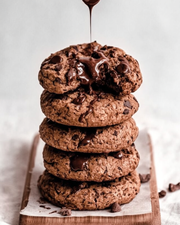 Stack of vegan double chocolate chip cookies with a soft, thick texture, loaded with chocolate chips and gooey melted chocolate, with extra chocolate being drizzled on top for an indulgent finish.​