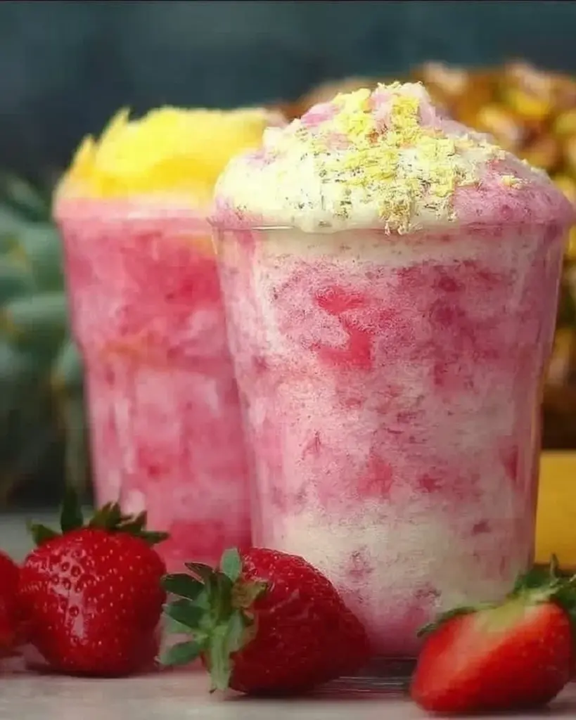 Refreshing anti-inflammatory Pineapple Pink Smoothie in a glass with fruits