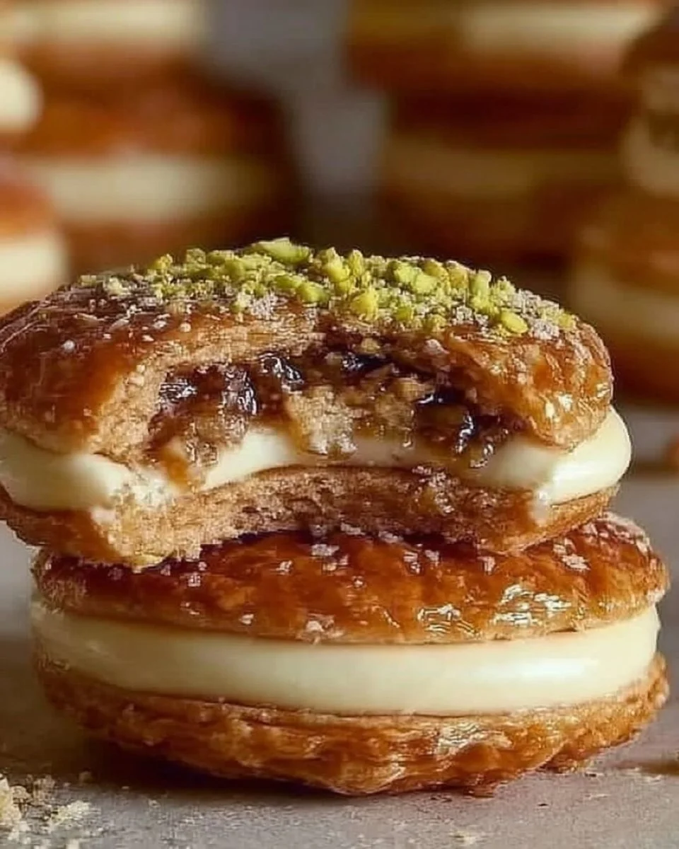 Baklava cream sandwich cookies with layers and creamy filling