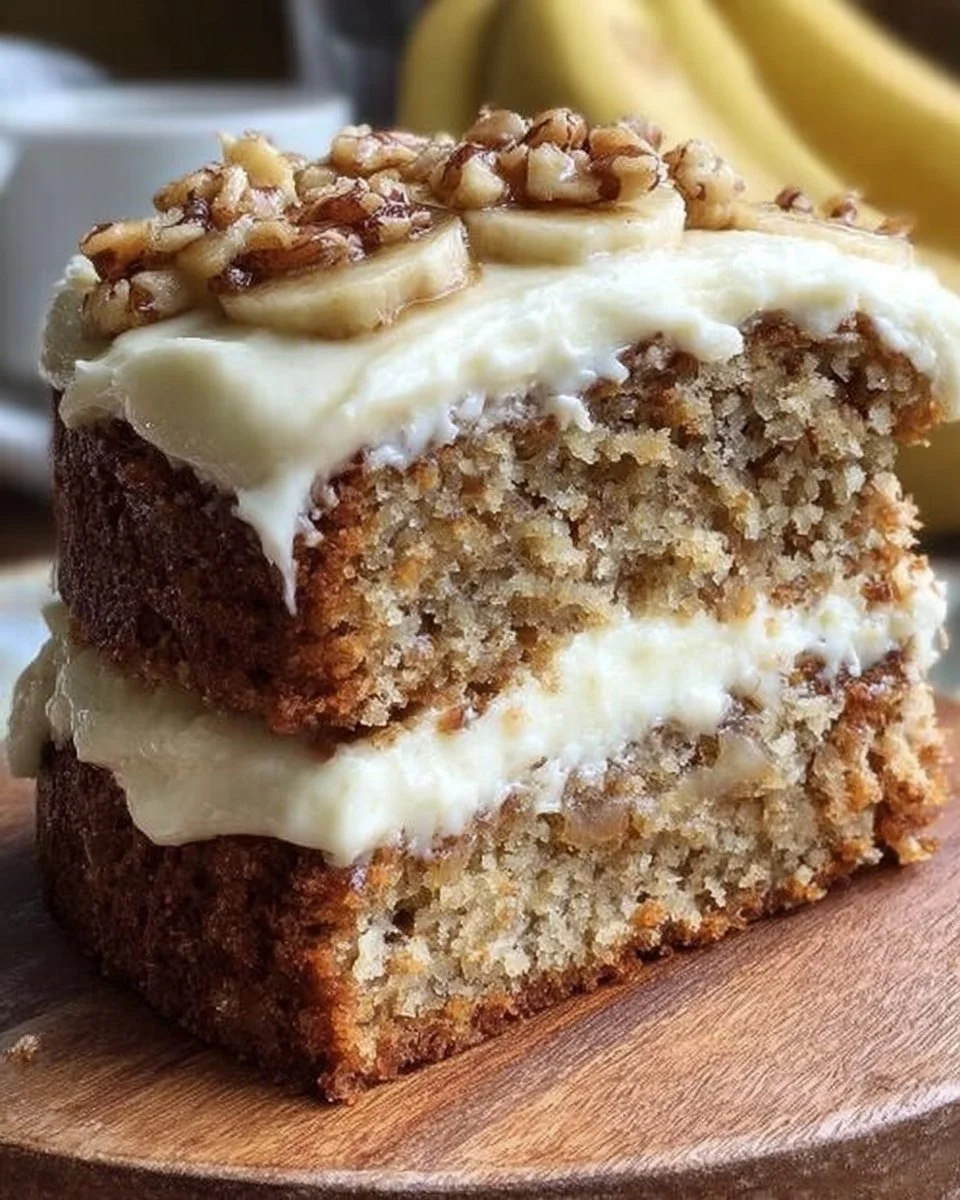 Slice of banana bread cake with cream cheese frosting on a plate