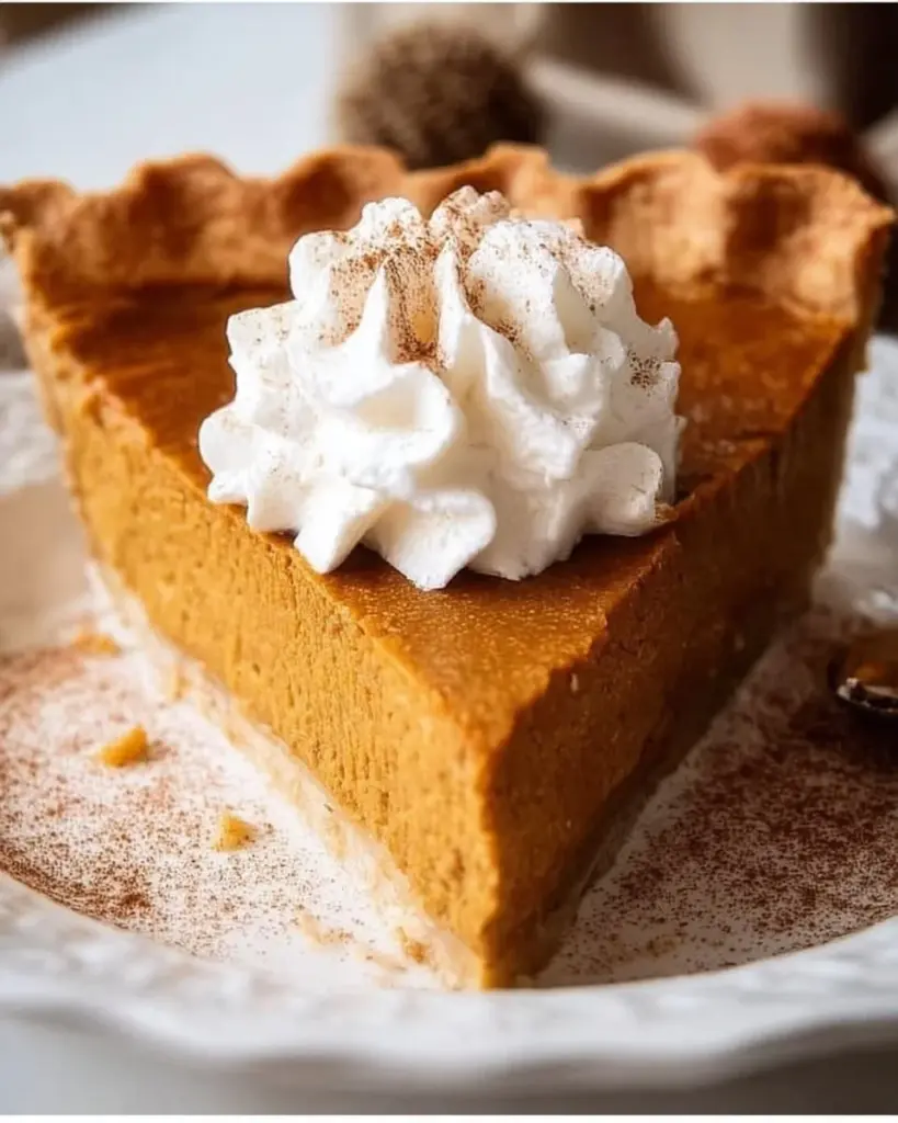 Slice of creamy pumpkin pie topped with whipped cream on a plate