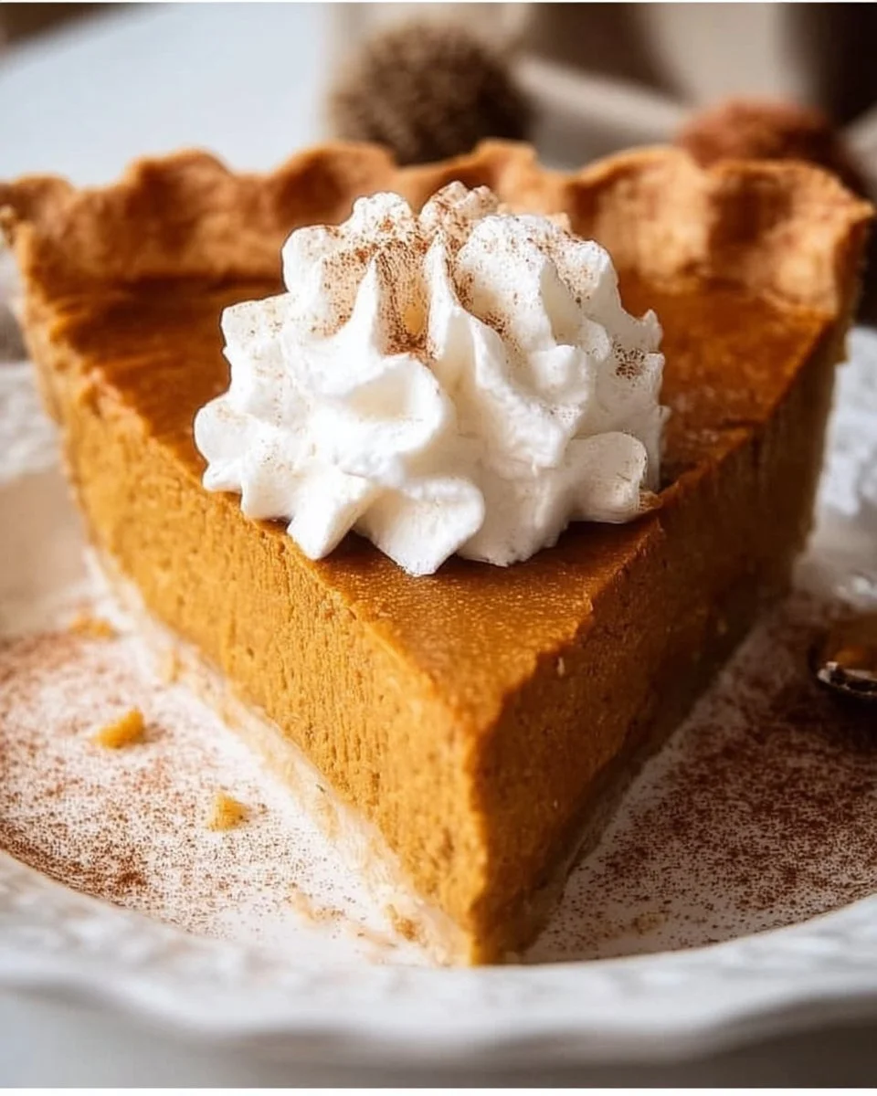 Slice of creamy pumpkin pie topped with whipped cream on a plate