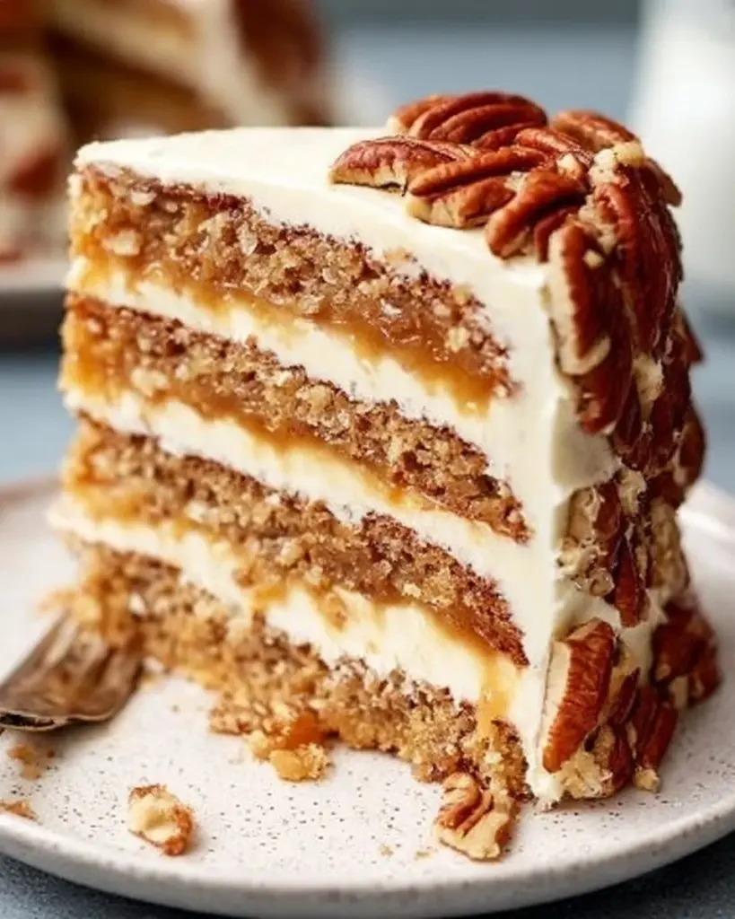 Slice of moist Butter Pecan Cake with pecan garnish on a plate