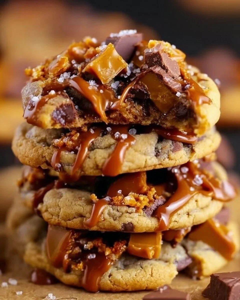 Delicious Butterfinger Caramel Crunch Cookies stacked on a plate