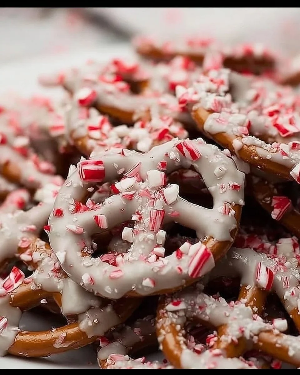 Delicious candy cane peppermint pretzels topped with crushed candy canes