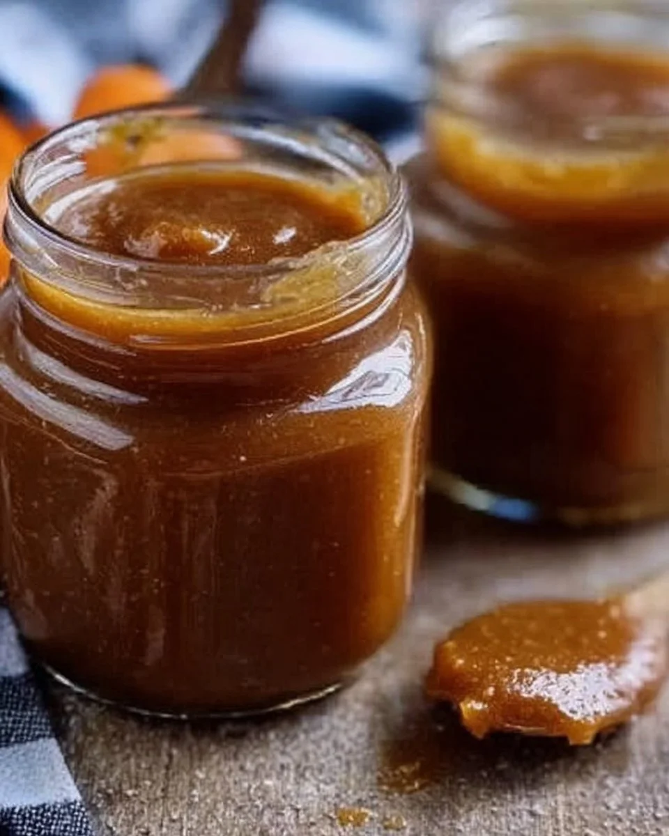 Canned pumpkin butter in glass jars on kitchen counter.