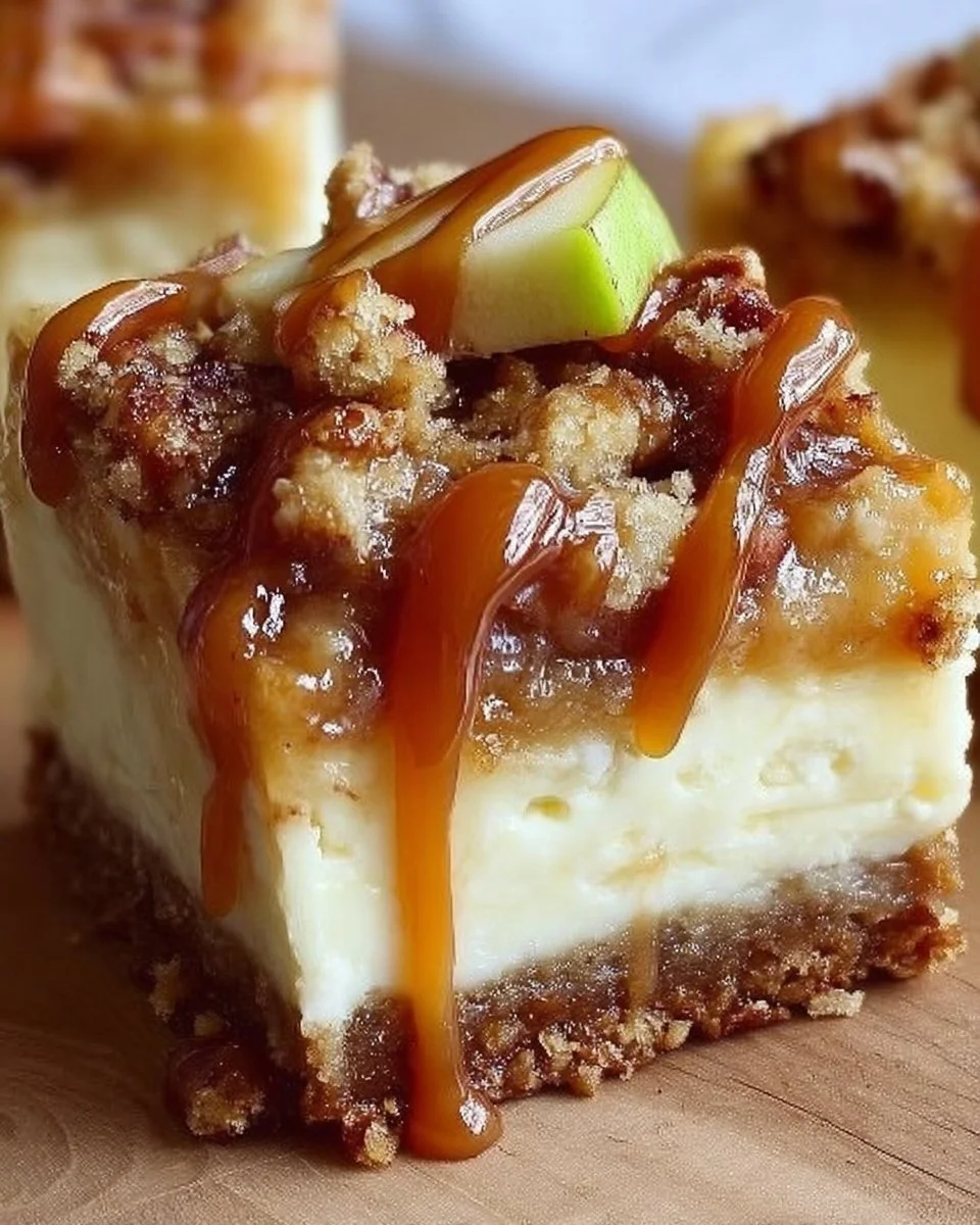 Delicious caramel apple cheesecake bars topped with drizzled caramel and apple slices.