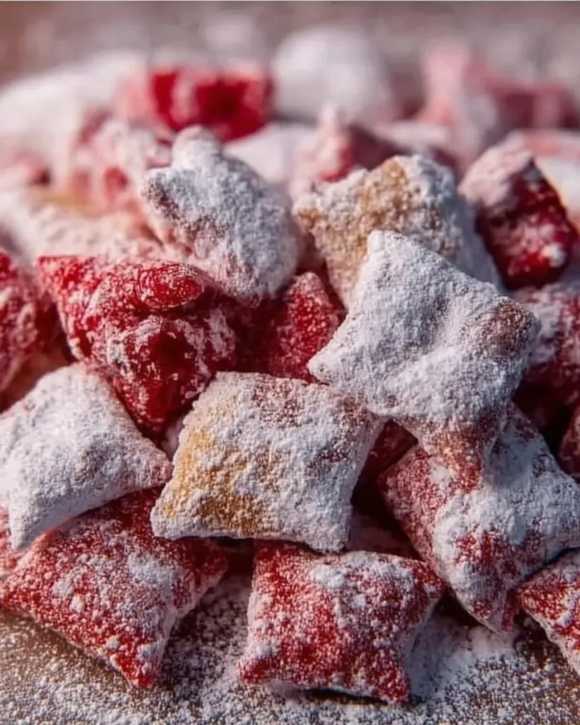 Cherry Cheesecake Puppy Chow with cherry toppings and cream cheese drizzle
