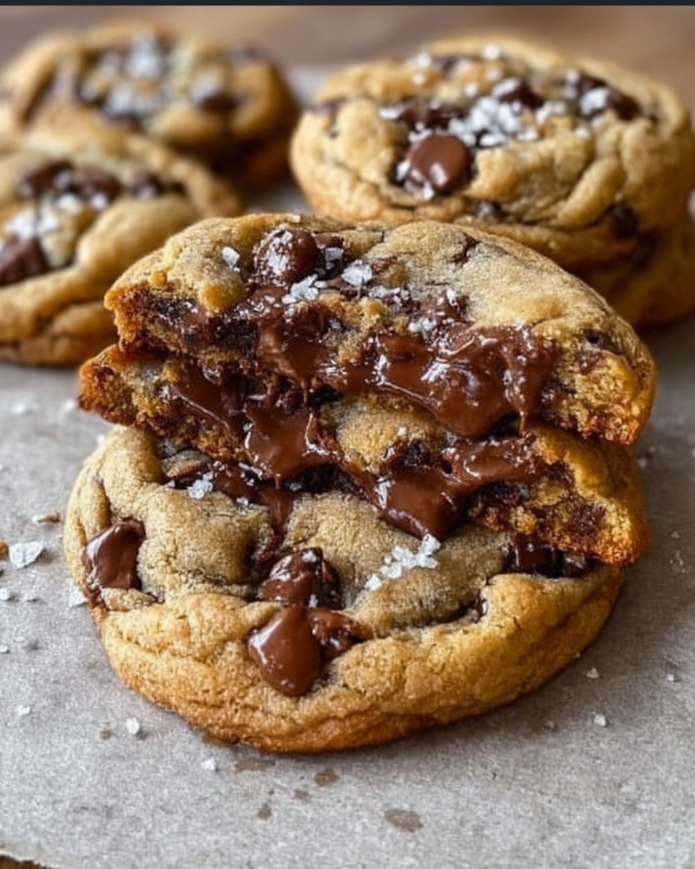 Thick, gooey chocolate chip cookies with melty chocolate centers and a sprinkle of flaky sea salt on top, shown broken in half to reveal their soft, decadent interior.​