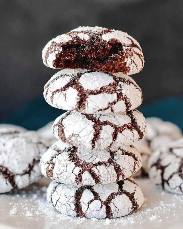 Stack of chocolate crinkle cookies coated in powdered sugar, with a striking crackled surface revealing rich, fudgy chocolate interiors one cookie at the top shows a soft, moist bite for an irresistible look.​