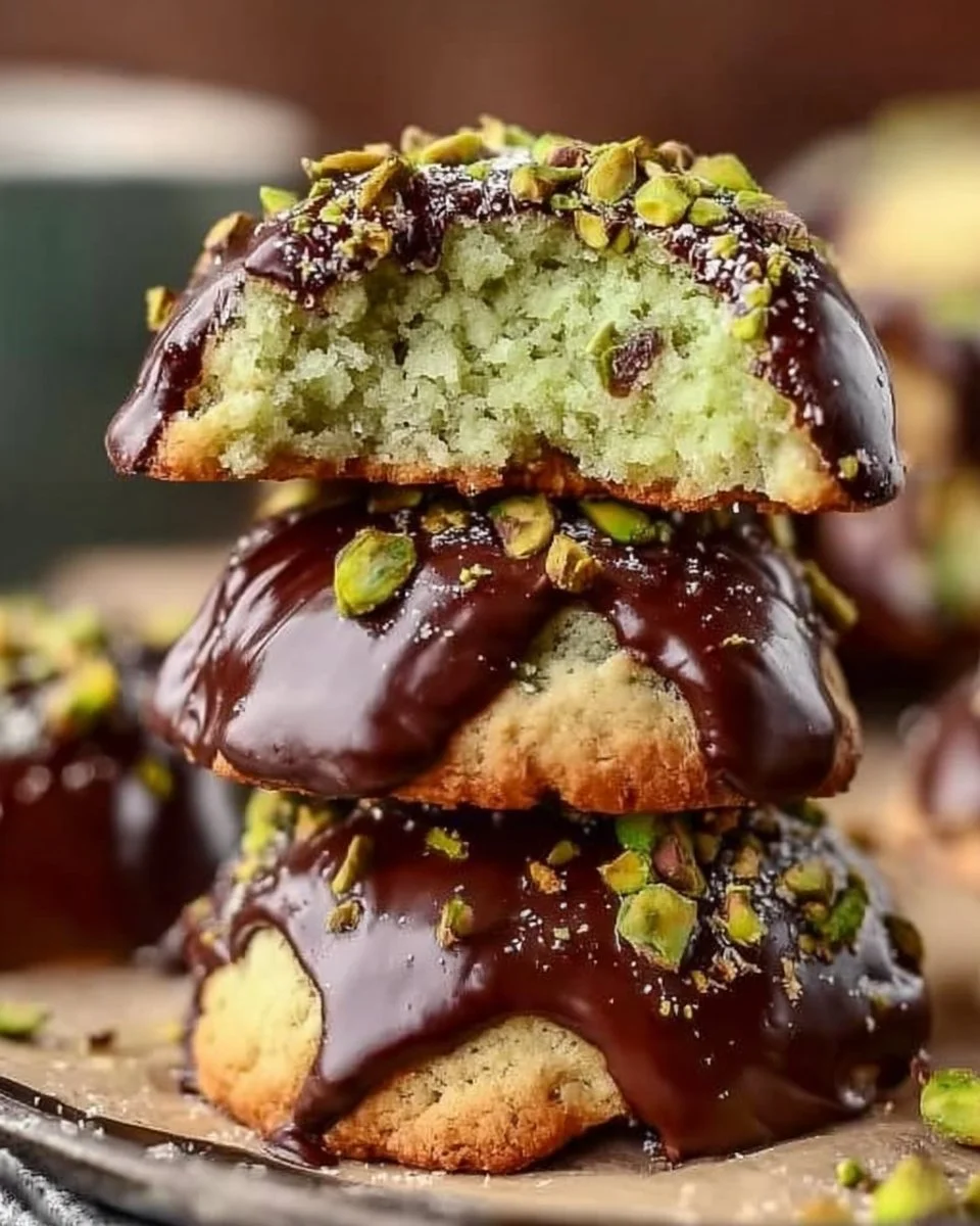 Chocolate dipped pistachio cookies decorated with nuts
