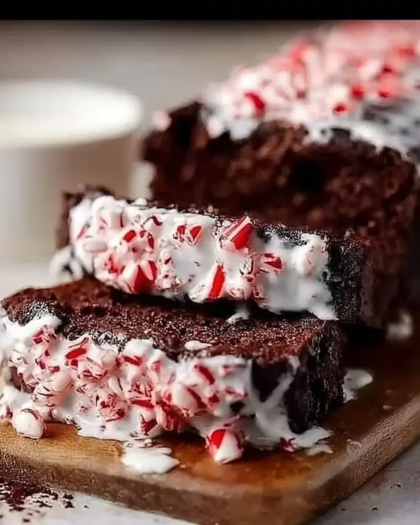 Freshly baked Chocolate Peppermint Bread with mint chocolate drizzle