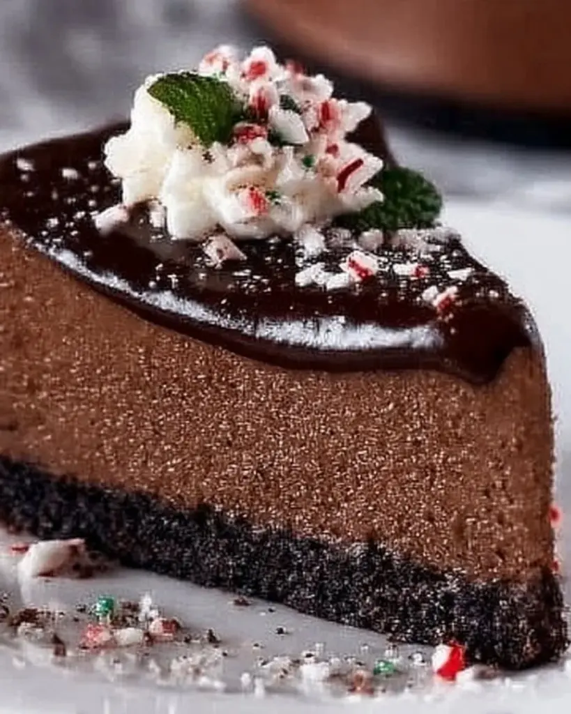 Slice of Chocolate Peppermint Cheesecake topped with whipped cream and chocolate shavings