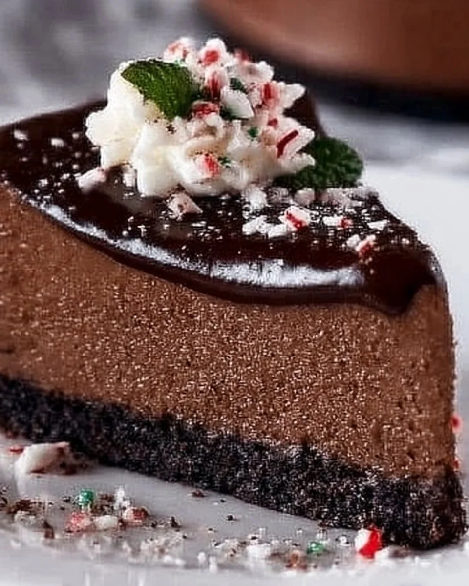 Slice of Chocolate Peppermint Cheesecake topped with whipped cream and chocolate shavings