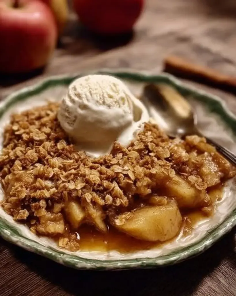 Delicious classic apple crisp dessert served in a bowl with cinnamon and oats