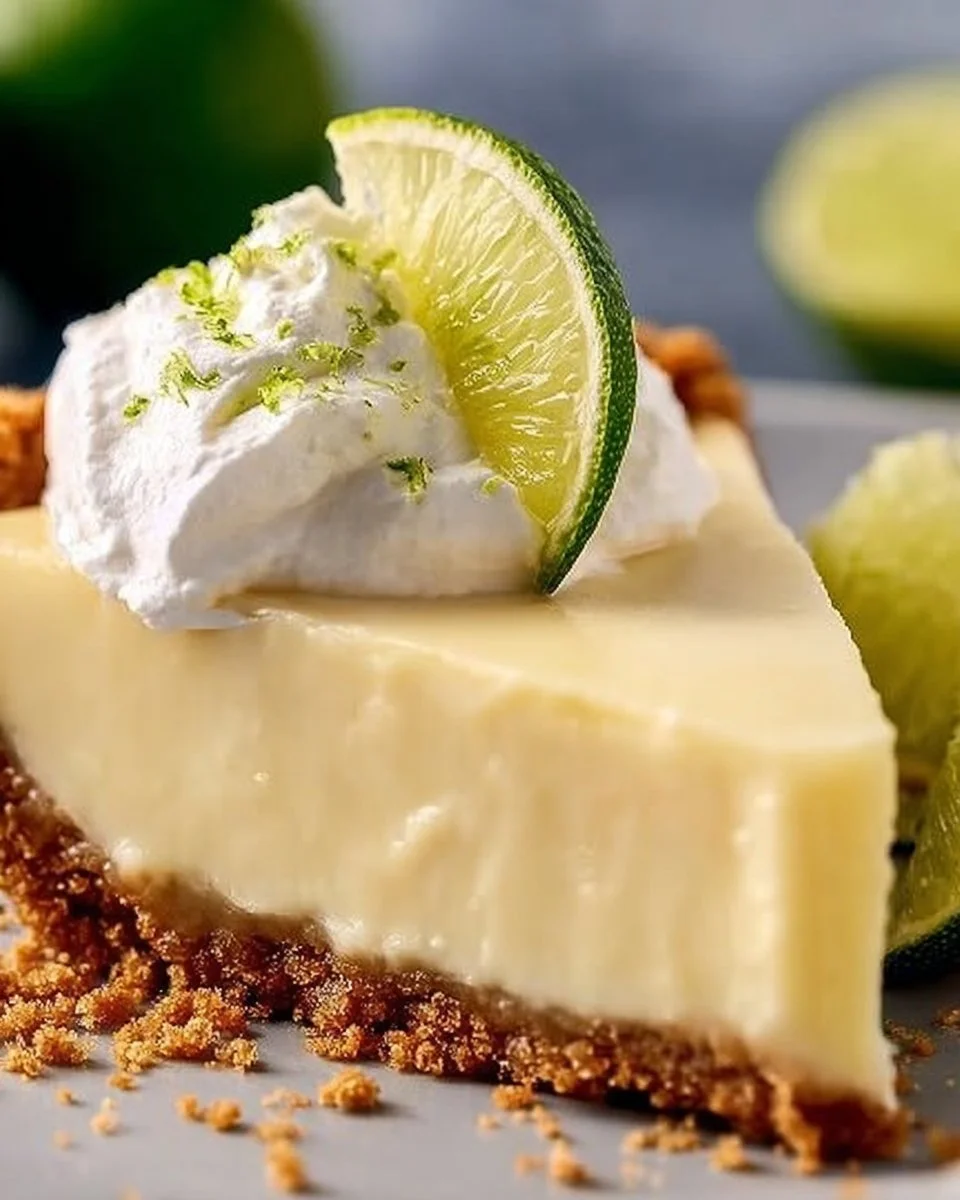 Delicious slice of classic Key Lime Pie on a plate with a lime wedge