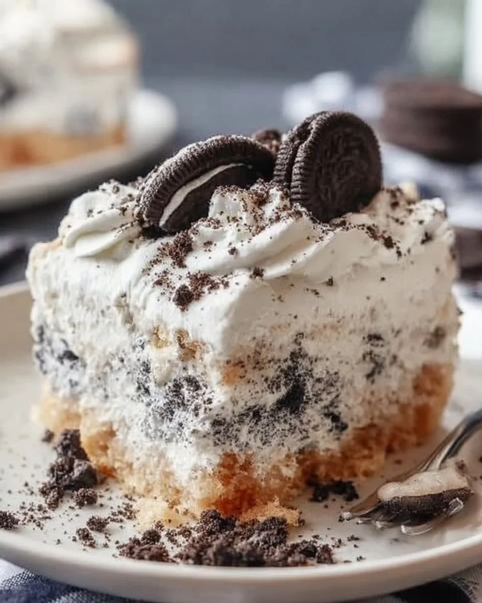 Cookies and Cream Tres Leches Cake with creamy frosting and chocolate sprinkles