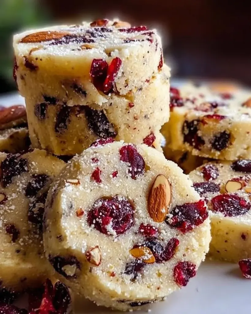 Freshly baked cranberry orange shortbread cookies on a plate