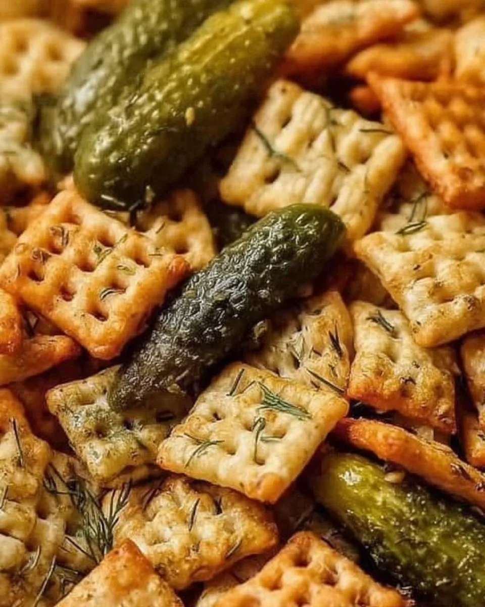 Delicious bowl of Dill Pickle Chex Mix snack with tangy flavor.
