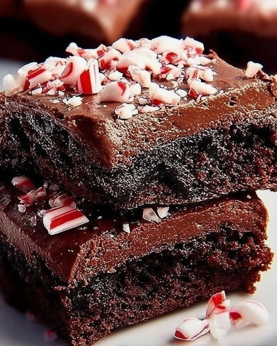 Fudgy peppermint brownies topped with crushed candy canes for a festive touch.