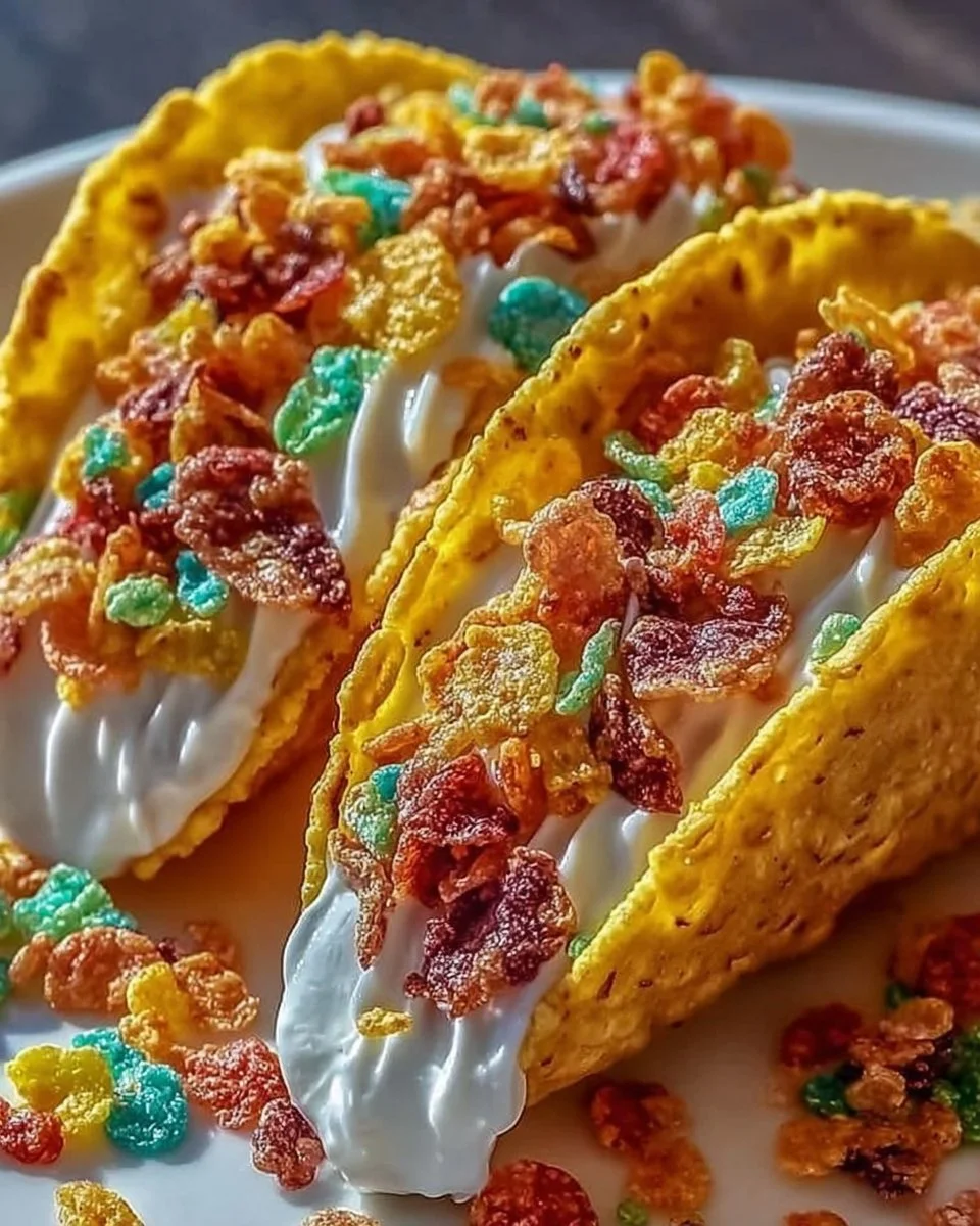 Fruity Pebbles cheesecake tacos showcasing colorful ingredients and dessert delight.