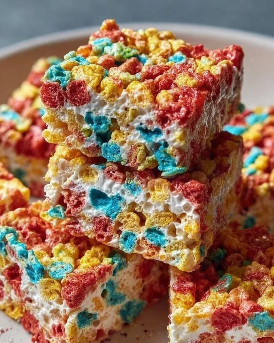 Fruity Pebbles Marshmallow Treats in a colorful display