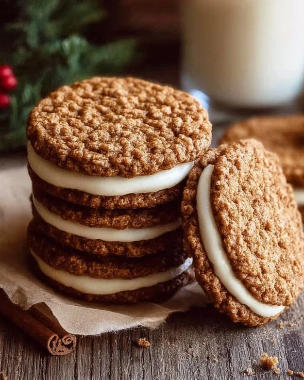 Homemade Gingerbread Oatmeal Cream Pies on a festive plate