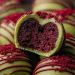Grinch Oreo Balls made with red velvet Oreos for holiday treats