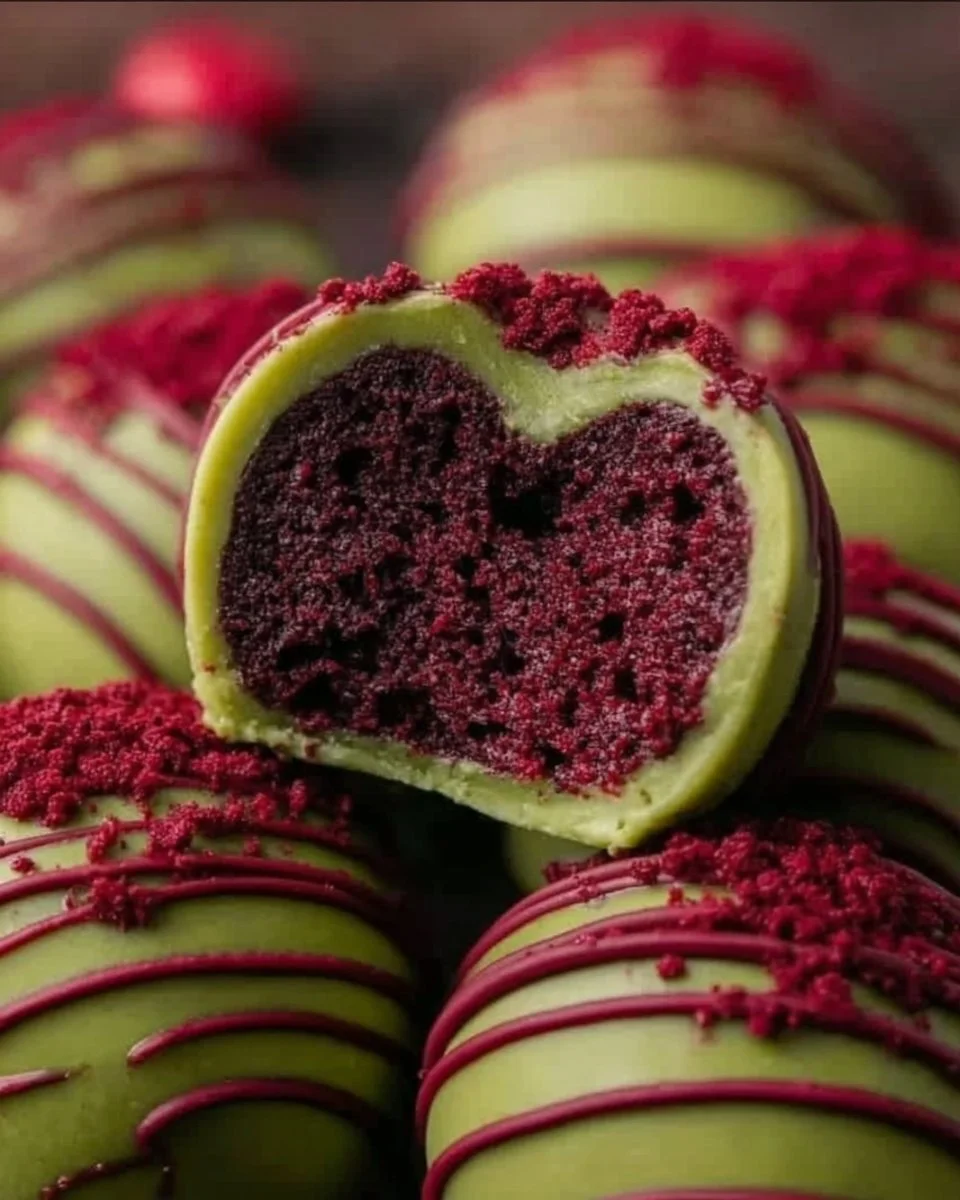 Grinch Oreo Balls made with red velvet Oreos for holiday treats